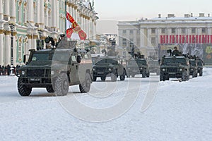 A column of armored cars `Tiger` on the rehearsal of a military parade