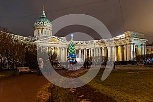 View of Kazan Cathedral and Christmas Tree at night. Saint Petersburg. Russia