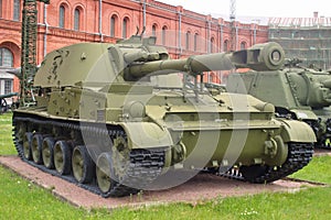 Saint Petersburg, Russia - July 07, 2017: Soviet 152 mm self-propelled howitzer 2S3 Akatsiya. Museum of artillery, engineering and