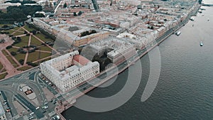 SAINT-PETERSBURG, RUSSIA - JUNE, 2023: Aerial sideways Petersburg central historical cityscape overall plan. Winter