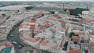 SAINT-PETERSBURG, RUSSIA - JUNE, 2023: Aerial sideways Petersburg central historical cityscape overall plan. Winter