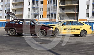 Saint Petersburg, Russia-June 2020: an accident involving a taxi citymobil