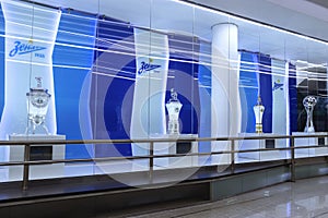 Saint Petersburg, Russia: June 10, 2021: Lobby of the Zenit metro station. Showcase with awards of the Zenit football