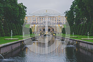 Saint Petersburg, Russia - June , 2016- Peterhof. Peterhof Palace and fountain of the cascade and Samson tearing jaws of a lion Bi