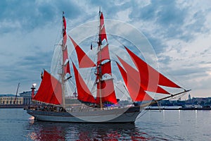 SAINT-PETERSBURG, RUSSIA - JUNE 21, 2018: Swedish brig Tre Krunur on rehearsal for the annual celebration school graduates