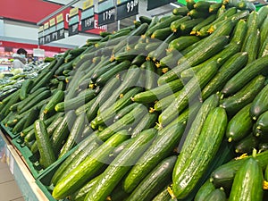 Saint-Petersburg, Russia-November 27, 2021vegetable department in the supermarket there are plastic boxes with cucumbers on the