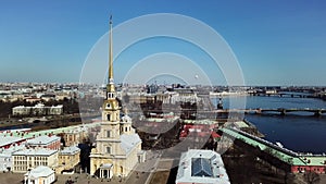 Saint Petersburg, Russia, panoramic aerial view of Petropavlovskaya Fortress and Neva river. Stock footage. Vasilyevsky