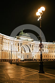 Saint-Petersburg, Russia, 03 September 2020: Night view of the arch of the General Staff Building.