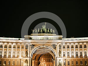 Saint-Petersburg, Russia, 03 September 2020: Night view of the 'Chariot of Glory' Monument on General Staff Building.