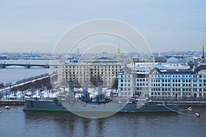 Saint Petersburg Russia urban landscape whith Neva River and bridge and cruiser Aurora