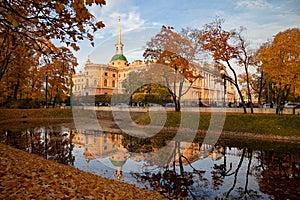 Saint Petersburg, Russia - View at Mikhailovsky castle from the Michael Garden (Mikhaylovskiy Sad) at sunset