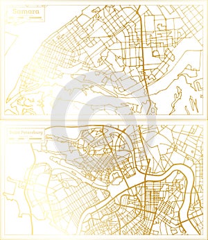 Saint Petersburg and Samara Russia City Map Set in Retro Style in Golden Color