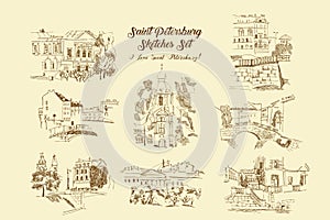 Saint Petersburg  Sketches Set.Hand Drawn Streets and  Cityscape.