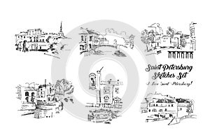 Saint Petersburg  Sketches Set.Hand Drawn Streets and  Cityscape.
