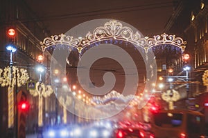 Saint-Petersburg streets with New Year decoration, Christmas illumination on Nevsky Prospect, Russia