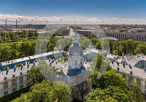 Saint Petersburg sunny cityscape panorama from bell tower of Smolniy orthodox cathedral