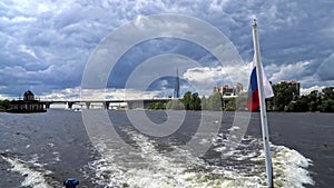 Saint Petersburg, view from a pleasure boat on the Gulf of Finland and the Western high-speed diameter bridge