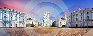 Saint Petersburg, View of the Smolny Cathedral, Russia. Panorama at sunset