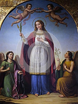 Saint Philomena flanked by two angels by Stefano Lembi, San Michele in Foro church in Lucca, Italy