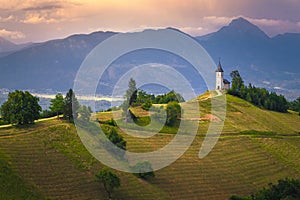 Saint Primoz church on the mountain ridge, near Jamnik, Slovenia