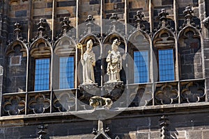 Saint Procopius of Sazava and Saint Sigismund of Burgundy sculptures on the Old Town Bridge Tower in Prague