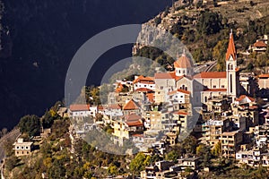 A view of Bcharre, a town in Lebanon high in the mountains on the edge of the Qadisha Gorge. Bcharre, Lebanon photo