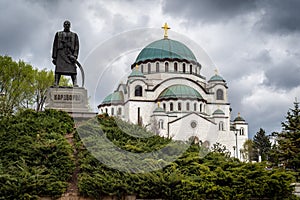 Saint Sava church and monument dedicated to Karadjordje in Belgrade, Serbia