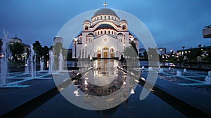 Saint Sava temple in Belgrade, Serbia with fountain on the rainy night