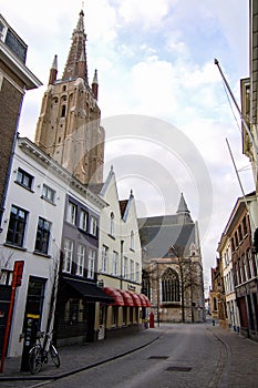 Saint Saviour's Cathedral, empty street, Bruges