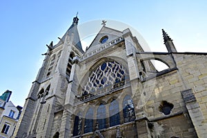 Saint Severin flamboyant gothic church with blue sky. Paris, France.