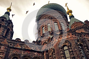 Saint Sophia Cathedral and doves in Harbin