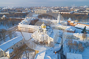 Saint Sophia Cathedral in the Kremlin of Veliky Novgorod, January day aerial photography. Russia