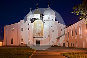 Saint Sophia Cathedral at night in october. Veliky Novgorod