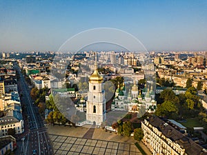 Saint Sophia`s Cathedral, square. Kiev Kiyv Ukraine with Places of Interest. Aerial drone photo. Sunrise light. City