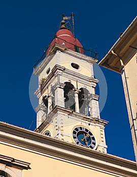 Saint Spyridon Church, a Greek Orthodox church located in Corfu, Kerkyra old town, Ionion Islands, Greece, summer sunny day,