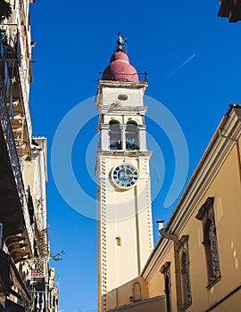 Saint Spyridon Church, a Greek Orthodox church located in Corfu, Kerkyra old town, Ionion Islands, Greece, summer sunny day,