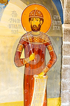 Saint Stephan in the mural painting in the Temple in Monastery Rezevici in Montenegro