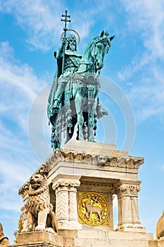 Saint Stephen bronse statue at Fisherman Bastion fortress in Budapest