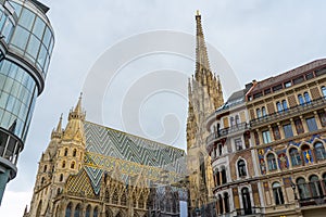 Saint Stephen`s Cathedral Stephansdom. Colorful roof and tower. Archtecture photo. Wien. Vienna. Austria