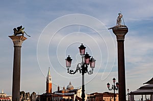 Saint Theodore, Venetian Lion and lattern, San Marco, Venice, Italy