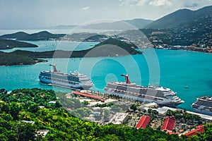 Saint Thomas / US Virgin Islands - October 31.2007: Aerial view of the Charlotte Amalie port with cruise ships docked.