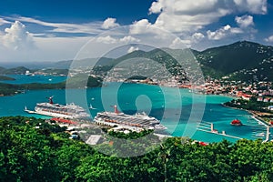Saint Thomas / US Virgin Islands - October 31.2007: Aerial view of the Charlotte Amalie port with cruise ships docked.