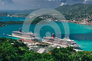 Saint Thomas / US Virgin Islands - October 31.2007: Aerial view of the Charlotte Amalie port with cruise ships docked.