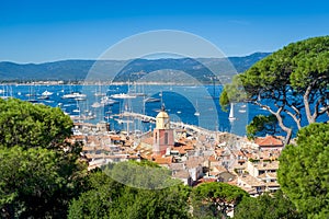 Saint-Tropez old town and yacht marina view from fortress on the hill.