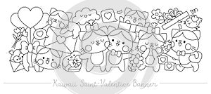 Saint Valentine black and white horizontal banner with cute kawaii cats for kids. Vector kitten pair in love. Line illustration