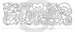 Saint Valentine black and white horizontal banner with cute kawaii characters for kids. Vector cupid, unicorn, rainbow, hearts.