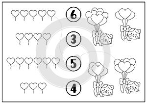 Saint Valentine black and white matching game with cute kawaii cat, balloons shaped as hearts. Love holiday line math activity for