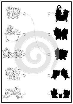 Saint Valentine black and white shadow matching activity with cats. Love holiday puzzle with kawaii animals. Find correct