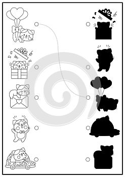 Saint Valentine black and white shadow matching activity with cats. Love holiday shape recognition line puzzle with kawaii animals