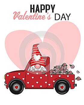 Saint valentine card. Gnome driving a car loaded with flowers.